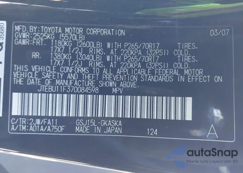 2007 Toyota Fj Cruiser z USA, uszkodzony, nr VIN JTEBU11F370084598